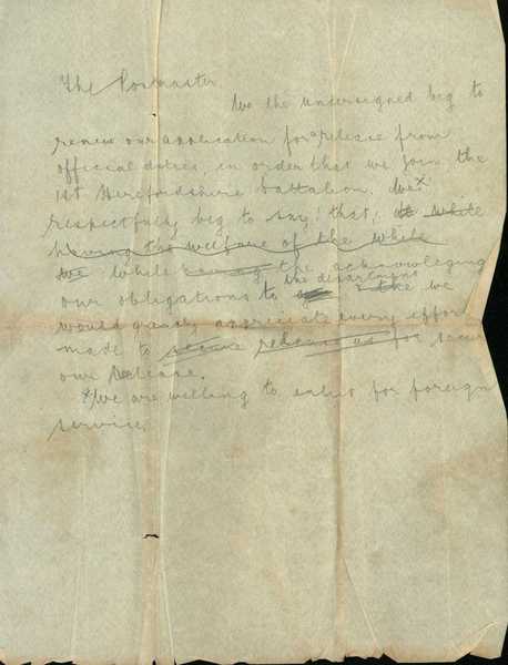 Draft letter from postmen in Hereford requesting permission to join the army, and letter of application to Army Post Office Corps, written by James Cross (1)