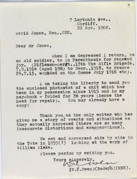 Letter: To David Jones, includes a chit from 1915 on the use of respirators and smoke helmets, (November 1968).