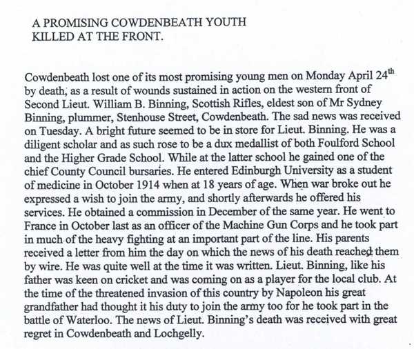 References to William Binning's death in the local papers (1)