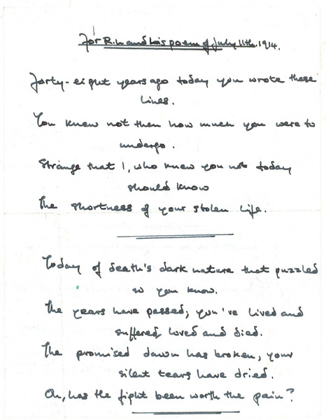 For R. L. and his poem of July 11th 1914