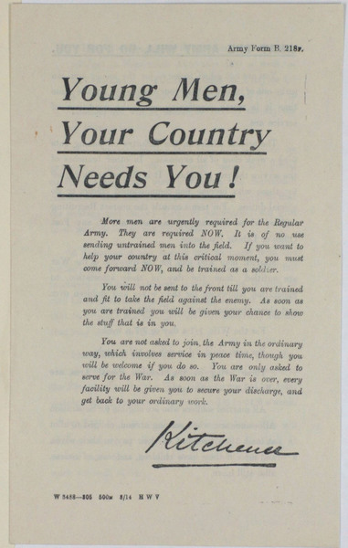 Army Form B.218F, 'Young Men, Your Country Needs You!' (1)