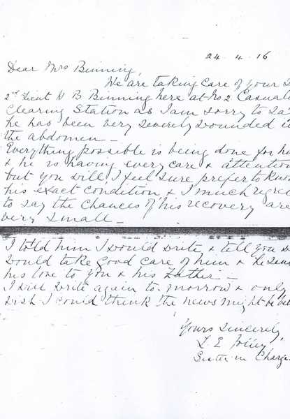 Letter sent to William Binning's parents from Casualty Clearning Station (1)