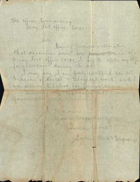 Draft letter from postmen in Hereford requesting permission to join the army, and letter of application to Army Post Office Corps, written by James Cross (2)