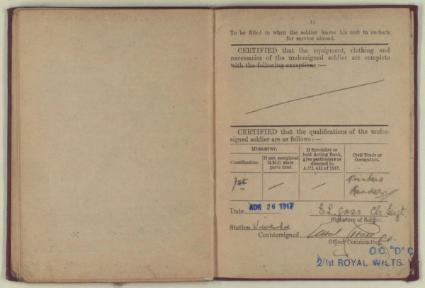 Army Book 64, Soldier's Pay Book for Use on Active Service for Colour Sergeant E. L. Gass (9)