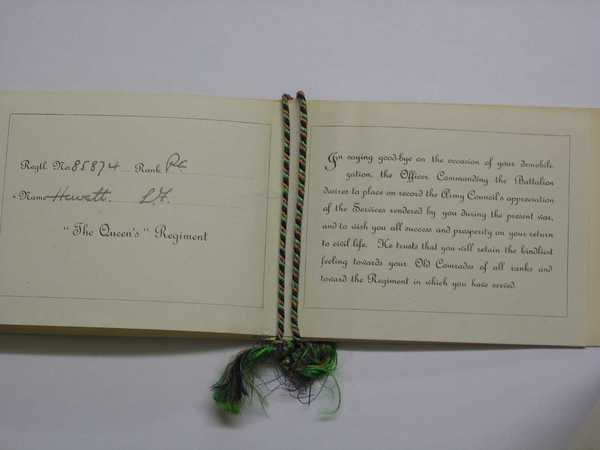 Discharge commemoration card for S. F. Hewett (2)