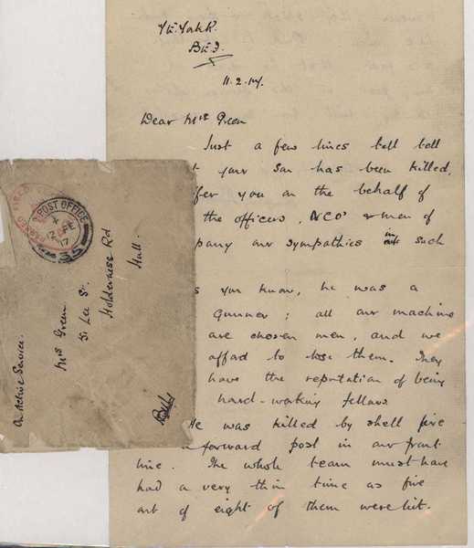 Letter sent on the death of Private Charles Green (1)