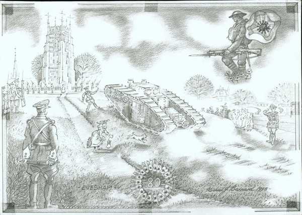 "A noisy arrival" of Tank 250 (Artist's impression of the arrival in Evesham Upper Abbey Park) (2)