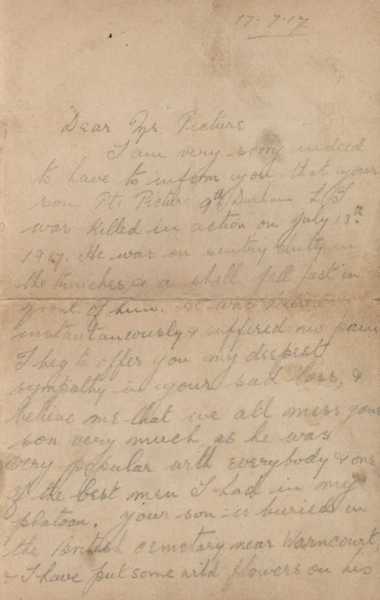 Letter to Mr G. Pitcher informing him of the death of his son, Walter Edward Pitcher (1)