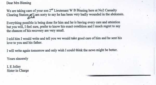 Letter sent to William Binning's parents from Casualty Clearning Station (2)