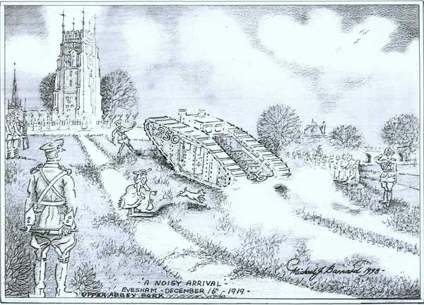 "A noisy arrival" of Tank 250 (Artist's impression of the arrival in Evesham Upper Abbey Park) (1)